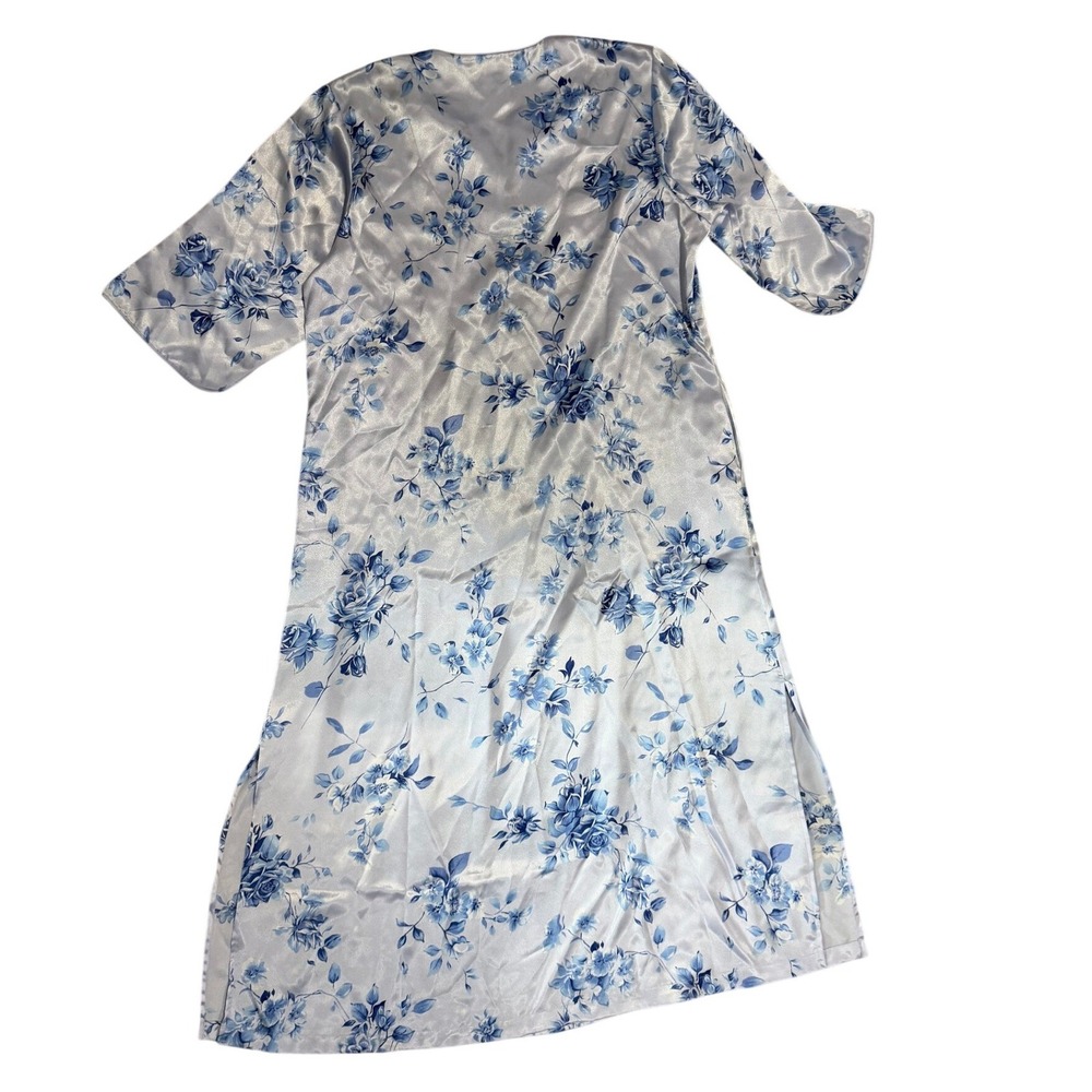 Oscar de la Renta Pink Label Blue Floral Satin Nightgown & Robe Set Large Y2K - Picture 12 of 16